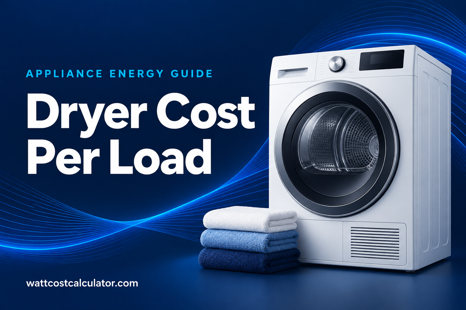 Dryer cost per load guide with an illustrated clothes dryer and folded towels